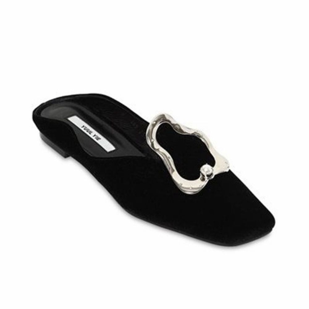 Black Velvet Slip-On Mule with Silver Decorative Buckle